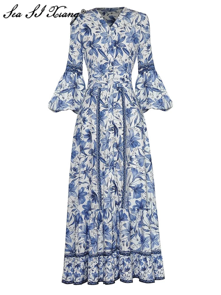 

Seasixiang Fashion Designer Autumn Long Dress Women V-Neck Lantern Sleeve Folds Flower Print Single Breasted Bohemian Dresses