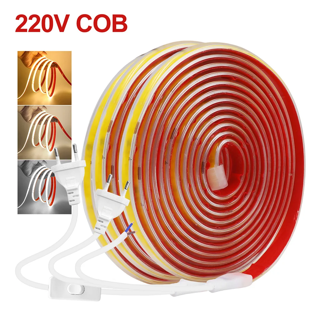 220V COB LED Strip Light with Switch EU Power Plug 2Pin Wire 240LED/M IP67 Waterproof Bright Flexible Adhesive Tape LED Lighting