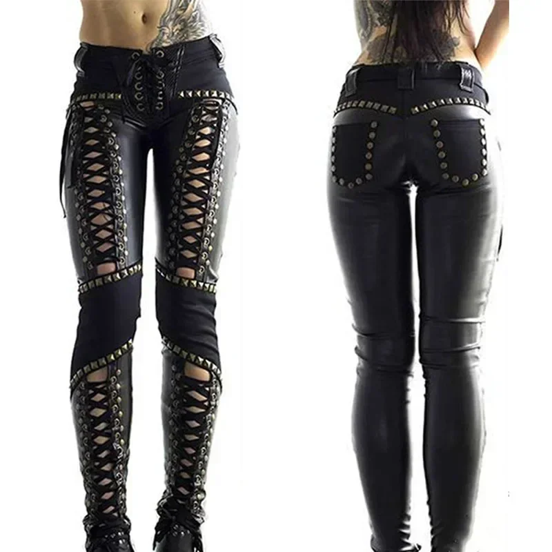 Pantalones de mujer Punk Rock, pantalones pitillo de cuero de imitación, nuevas mallas sexis caladas con vendaje, ropa de calle, pantalones de mujer