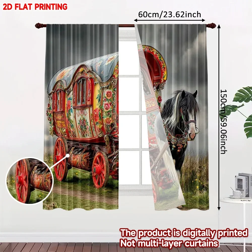 2D flat printing 2pcs Scene Curtain Gypsy carriage Digital Printed Polyester Drapes Festive Holiday for New Year Celebrations