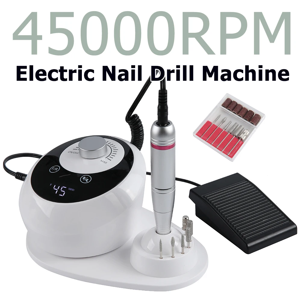 45000RPM 전문 네일 드릴 머신 샌더 젤 큐티클 제거 매니큐어 살롱 전동 네일 파일 머신 풋 페달 포함