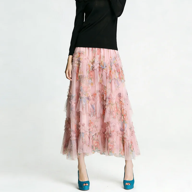 

Multi Layer Printed Flower Mesh A-line Mid Waist Elastic Loose Casual Chiffon Skirt For Women PY26015