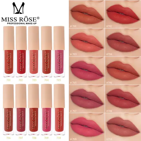 MISS ROSE 24 Colors Matte Lip Gloss - Long Lasting Moisturizing Non-Stick round Tube Lip Tint Makeup Lipstick