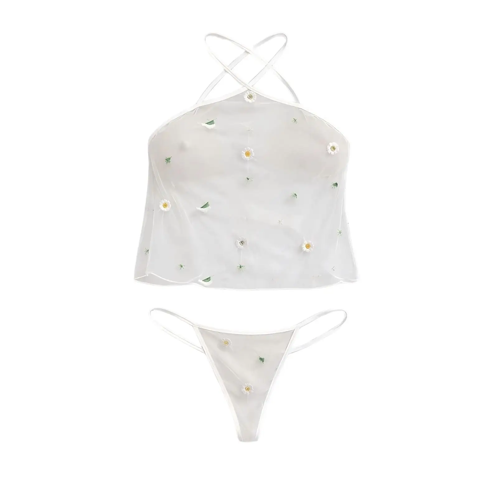 Conjunto de lencería sexy transparente de malla para mujer, top tipo halter con tiras y tanga, ropa de dormir erótica de dos piezas