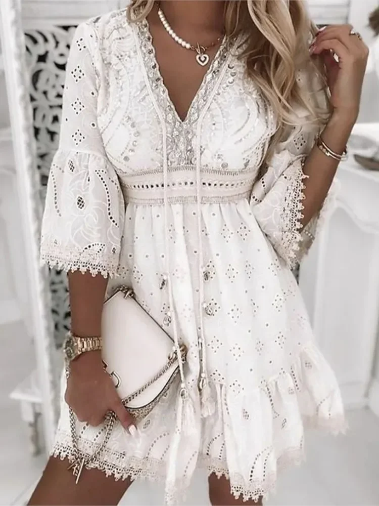 

Women Elegant White Hollow Lace Mini Dress Summer V-neck Patchwork Lace Up Three Quarter Sleeve Ladies Vacation Beach Dresses