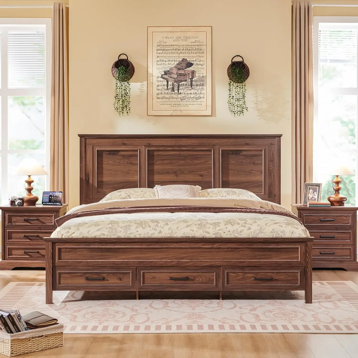 Farmhouse large bed frame with 52 inch full panel headboard, footrest and storage drawers