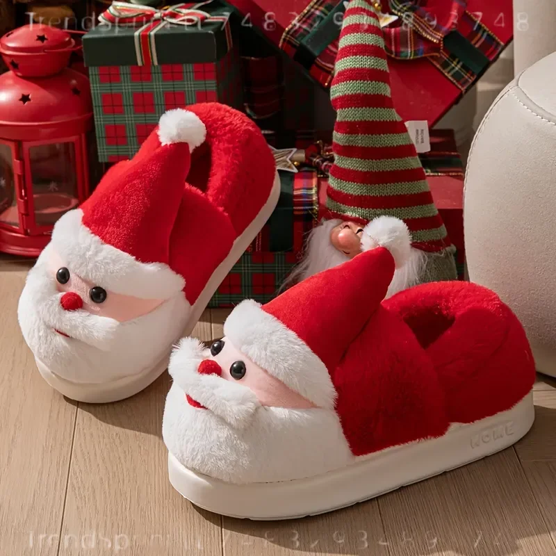 Santa Claus Christmas Slippers Unisex Couple Winter Shoes Warm Thick Fluffy Cold‑Proof Cute Indoor Casual Slippers For Men Women Holiday Home Xmas Wear