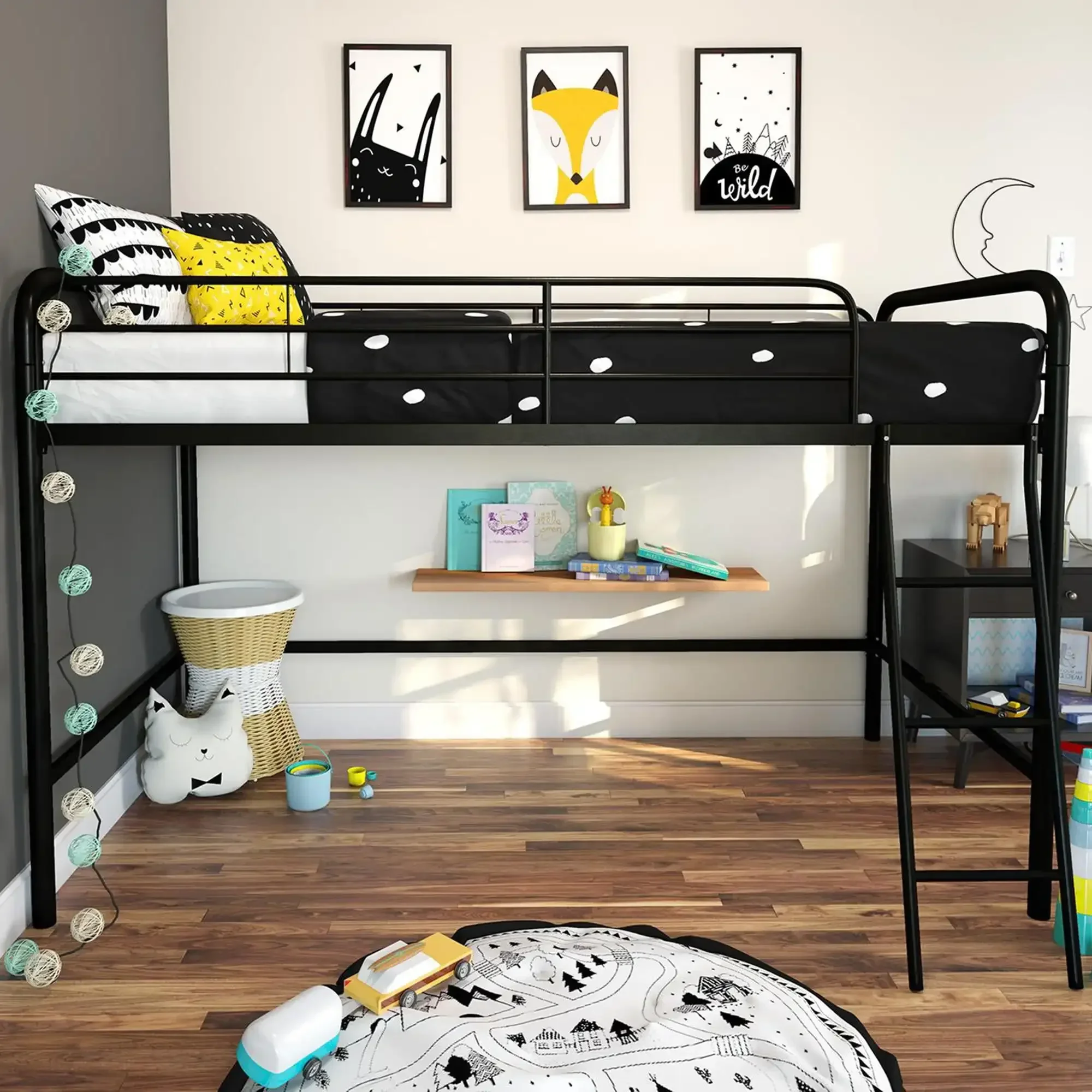 Twin Metal Loft Bed Bedroom Furniture, Weight capacity: 200 lbs, Black