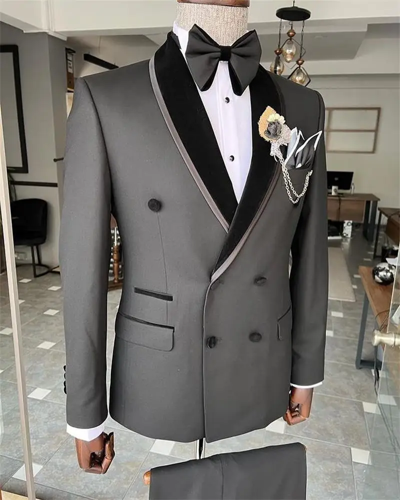 

Men Wedding Suits Set Formal Office Blazer+Pants Custom Made Grey Groom Tuxedo 2 Pieces Double Breasted Prom Dress Party Jacket
