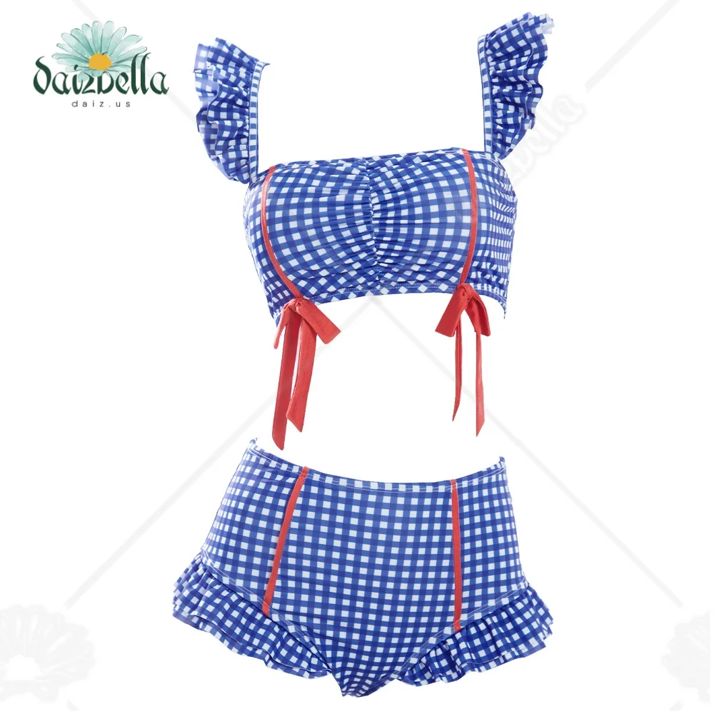 Daizbella Women's One Piece Swimsuits 90's Vintage Retro Red-and-Blue Tummy Control Bathing Suit