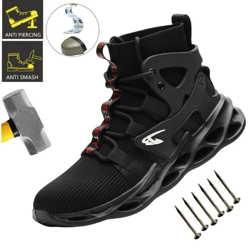 

Black Safety Shoes For Men Breathable Steel Toe Cap Indestructible Boots Non-slip Industrial Construction Shoes Male Footwear