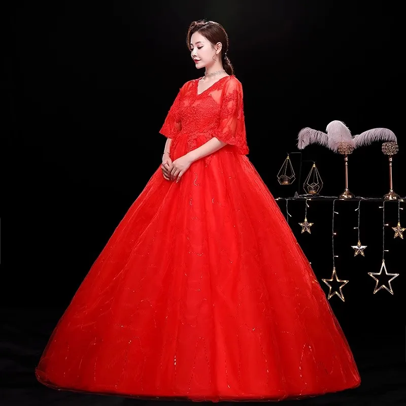 It's Yiiya Red Wedding Dress Embroidery V-neck Half Sleeves Lace up Princess Floor-length Pregnant Woman Bride Ball Gowns XN004