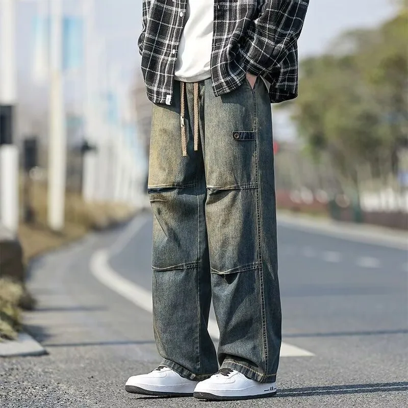 

Весна-лето, новая мода, мужские винтажные потертые повседневные брюки в американском стиле, модные свободные широкие брюки, прямые джинсовые брюки, мужские