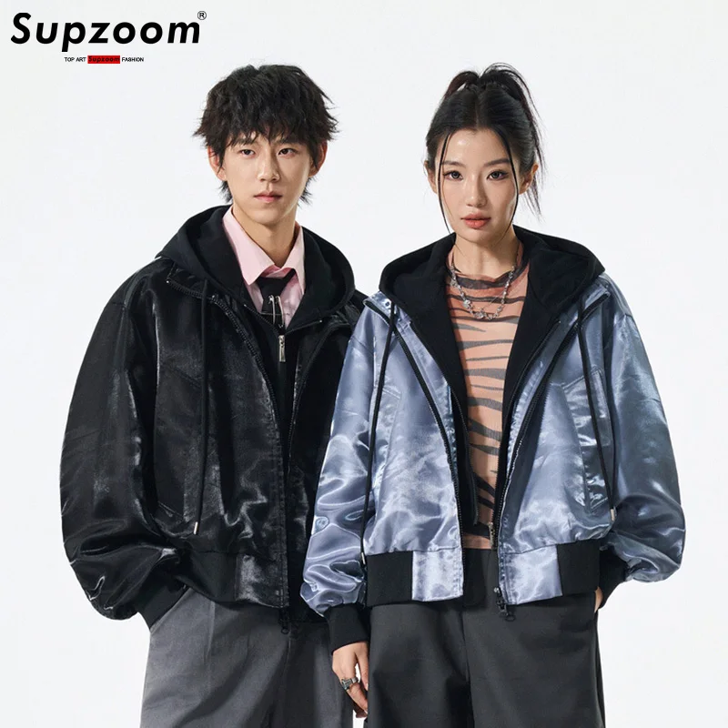 

Supzoom New Arrival Autumn And Winter Bright Fabric Top Fashion Ins For Men And Women Zipper Both Sides Hooded Jacket