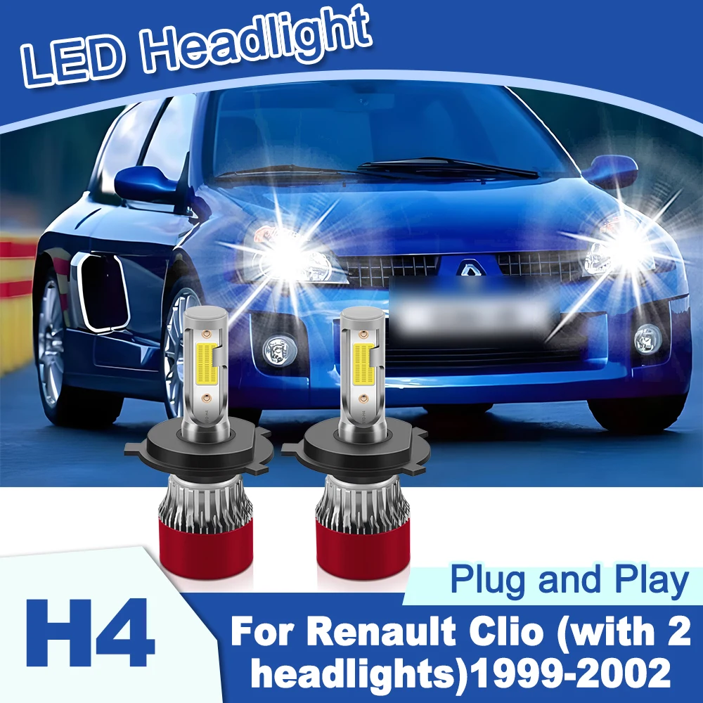 

2 шт. светодиодные лампы H4 для фар дальнего/ближнего света, 6000K, с COB-чипом, Plug and Play, для Renault Clio (с 2 фарами) 1999-2002, Turbo Auto Light