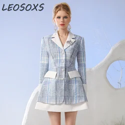 Leosoxs Design di nicchia vestito da lavoro di alta qualità vestito da donna elegante autunno bavero Patchwork a vita alta vestito sottile vestito scozzese