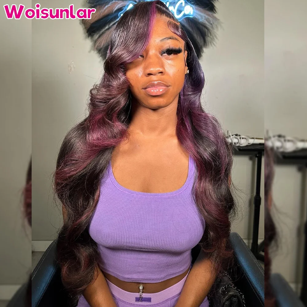 

Highlight Purple and Black lace Front Human Hair Wigs Body wave Black women 13x4 Transparent Lace Brazilian Natural Human hair