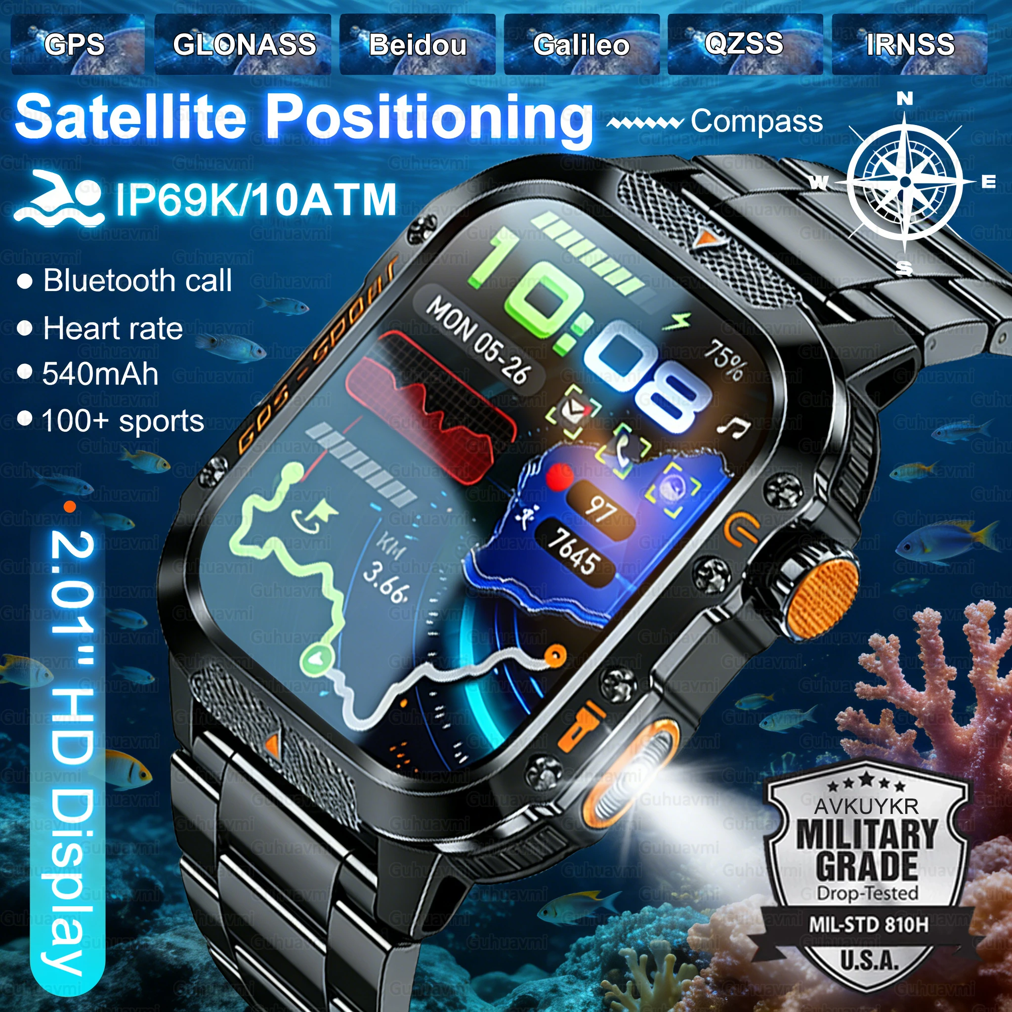 2026 New Military SmartWatches Men 10ATM Waterproof Swim GPS Bluetooth Call 2.01