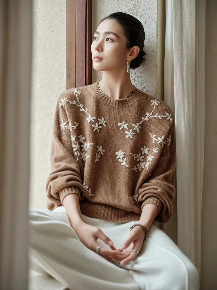 

TLOML Women's Handmade Embroidery 100% Cashmere Sweater O-neck Pullover Autumn Winter Casual Cashmere Knitwear Loose Comfy Tops