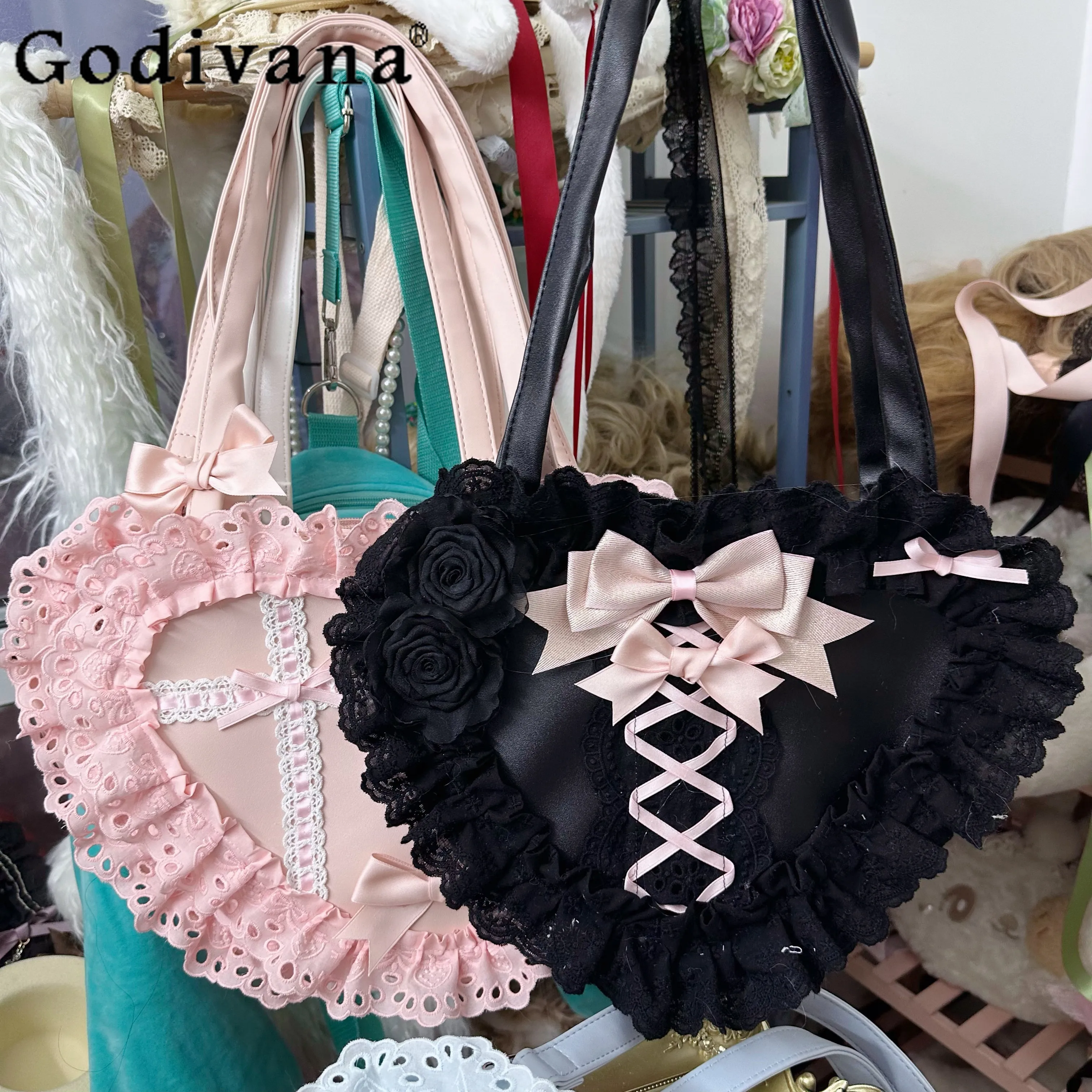 Japanese Style Girl Sweet Cute Love Shape Lolita Shoulder Bag for Women Lace Splicing Bow Handmade Pink Fashion All-Match Bags