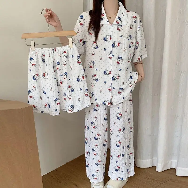 Women's Printed Summer New Short Sleeved Shorts Pajamas Set Cartoon Women's Cardigan Trousers Home Wear Set Soft Three Piece Set