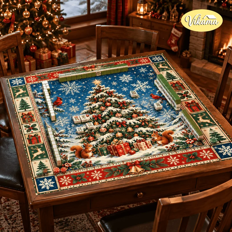 VIKAMA Christmas Mahjong Game Table Mat, Retro Christmas Tree, Squirrel, and Cardinal Non-Slip Square Tablecloth, Home Decor