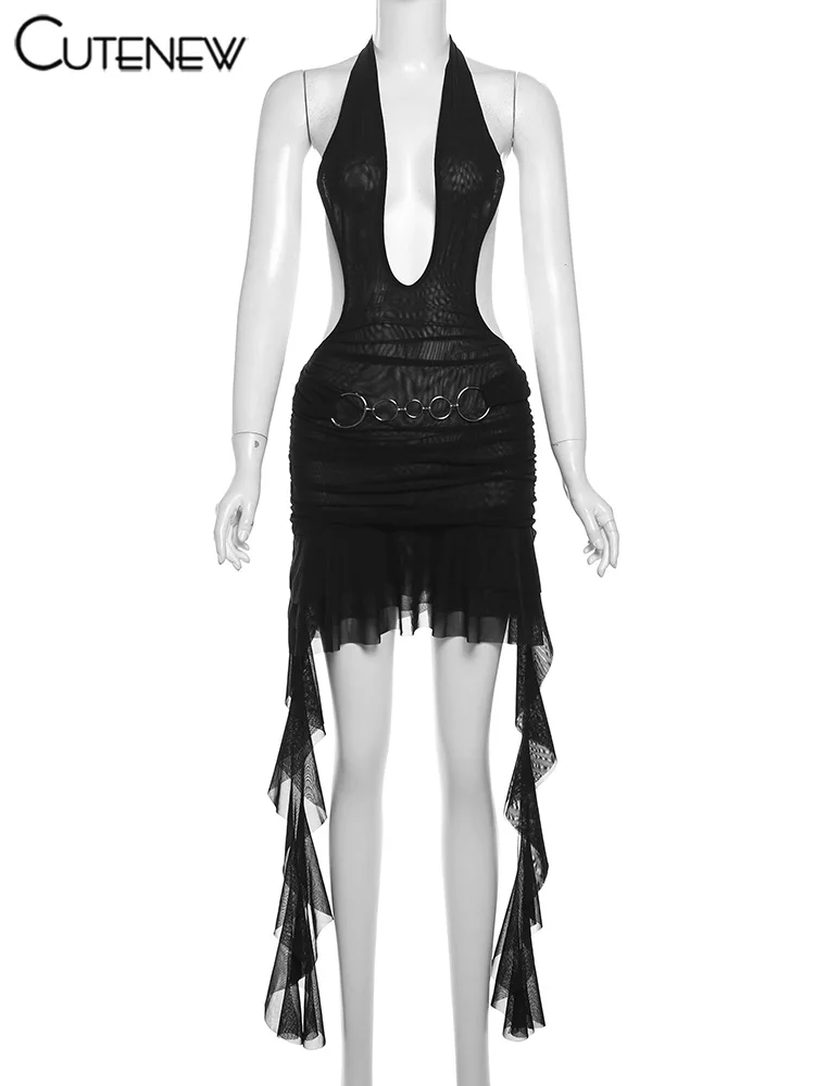Cutenew Halter Sexy Mini Dress Women Metal Belt Ribbons Backless Sleeveless Deep V-neck Ruffle Robe Sheer Hot New Party Clubwear