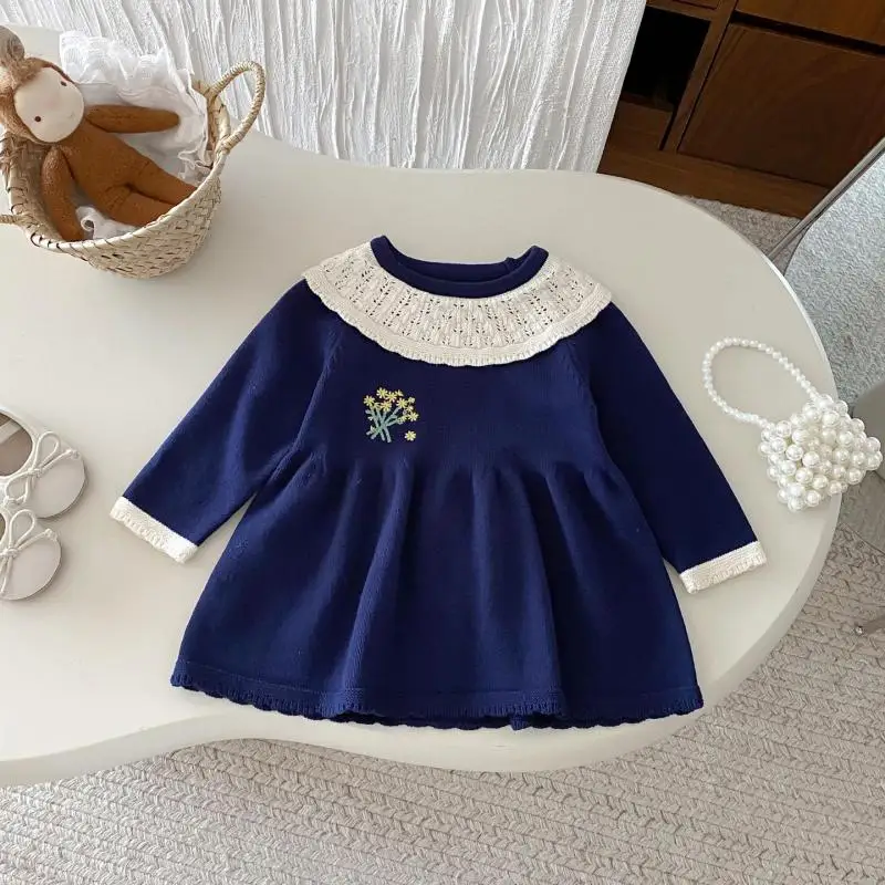 

Flower Embroidery Baby Girl Long Sleeve Knitted Dress Toddler Cute Princess Dress 2025 Autumn New Girls Dress Infant Clothes
