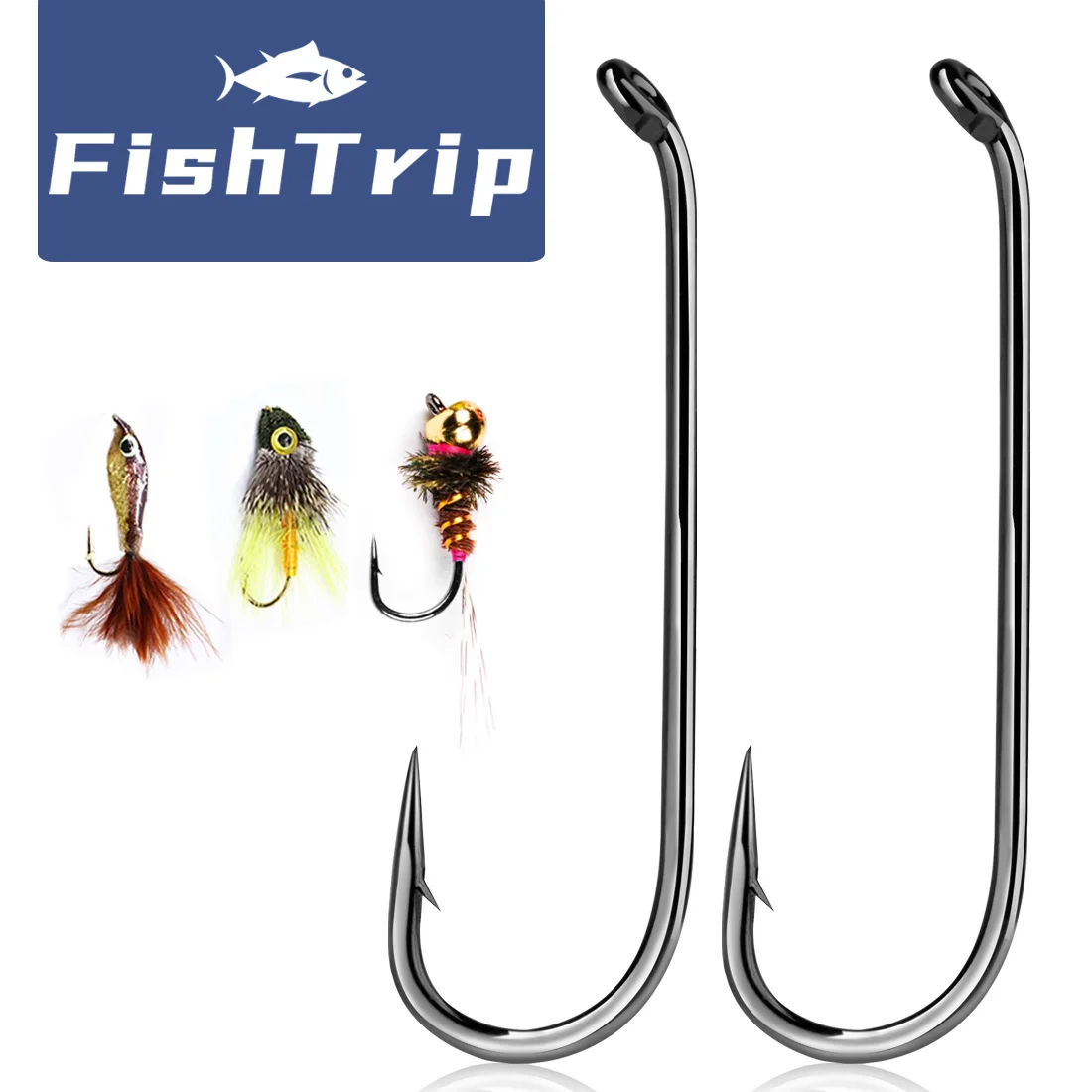 FishTrip Dry Fly Hook Down 50-200pcs Eye Fishing Hook 1x Long Shank Fly Tying Hook High Carbon Steel Round Bend Trout Hook