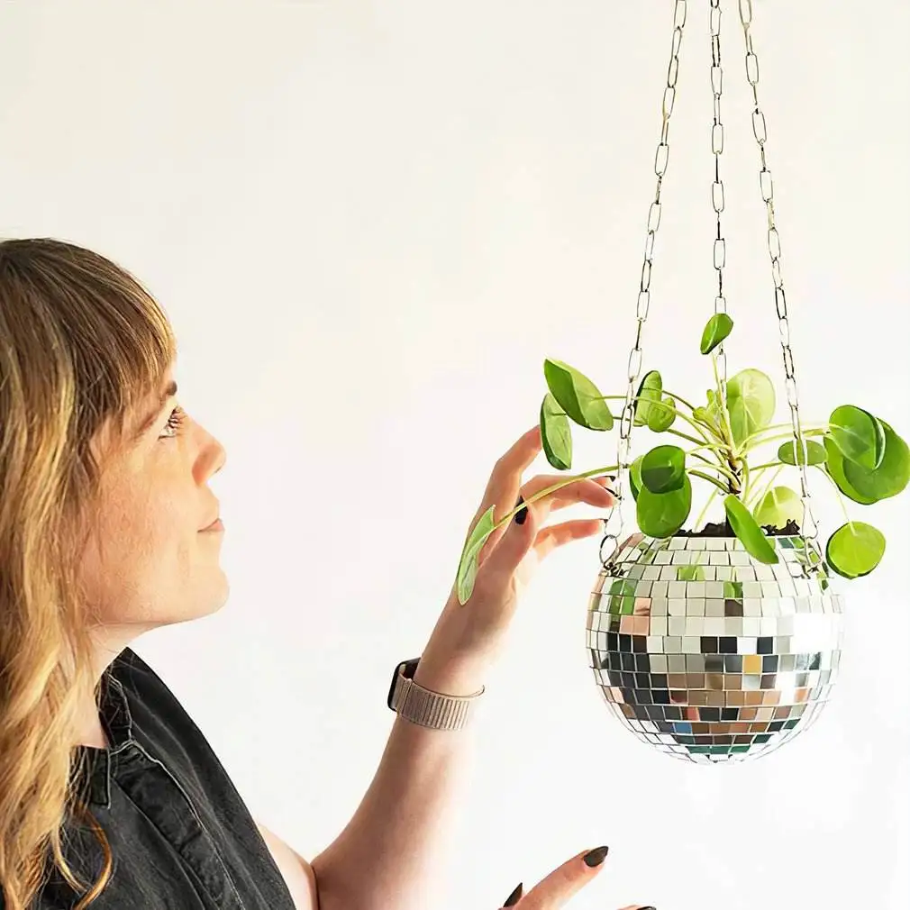 Disco-Spiegelkugel Hängender Blumentopf Sukkulenten-Pflanzgefäß für Innen- und Gartenbereich Wanddekoration Vase mit Holzring-Kette – Detail 19