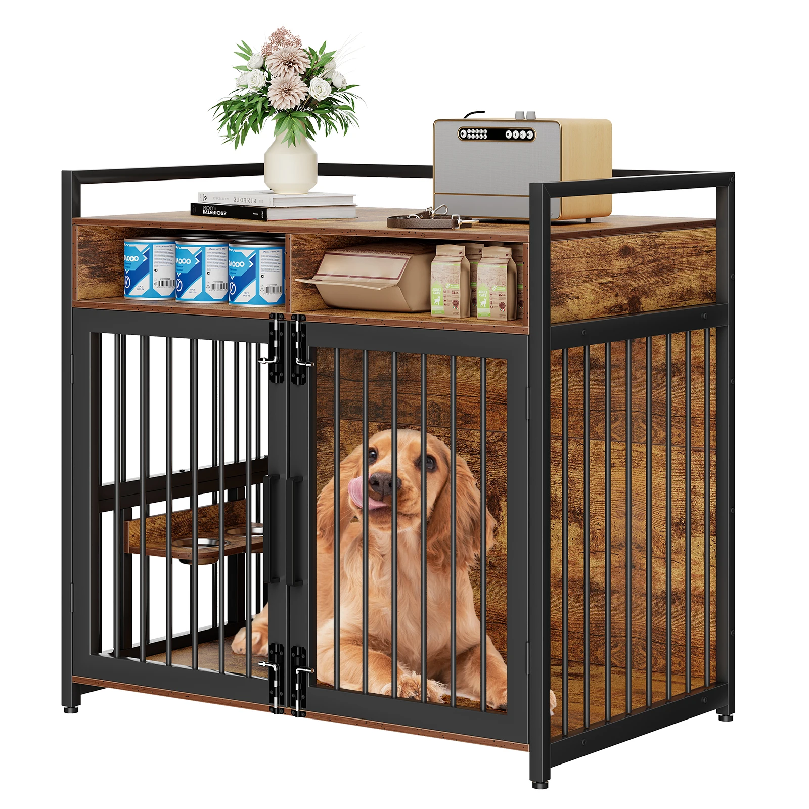 41/48 Inch Wooden Dog Crate Furniture with Storage Drawers, Adjustable Raised Feeder, Indoor Pet House for Large & Medium Dogs