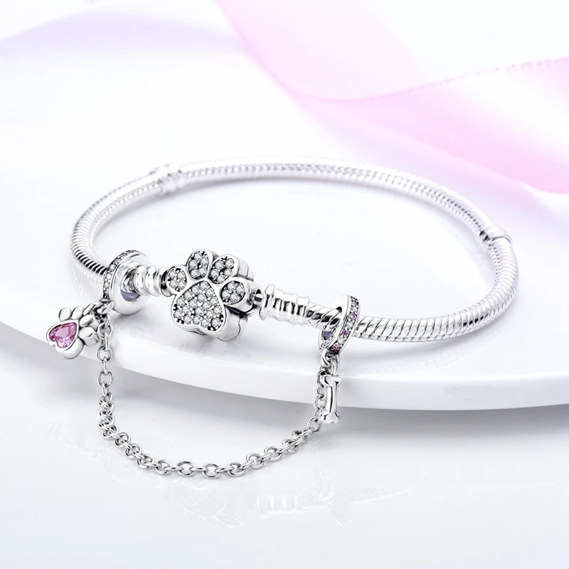 Fit DIY 925 Original Bracelets Claw Print And Bone Safety Chain 925 Silver Charms Pendant DIY Exquisite Birthday Jewelry Gifts