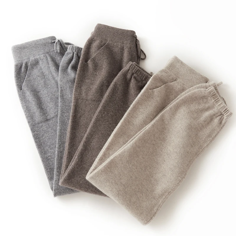 100% merino wool women's knitted trousers, popular, fashionable, warm, pocket, small leg pants 2024 autumn and winter new style