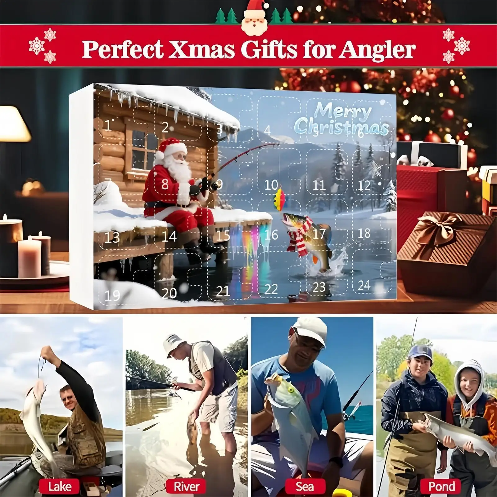

Рождественский календарь обратного отсчета для рыбалки, 24-дневный адвент-Рождественский календарь, комплект рыболовных приманок для папы, парня, подростков, мужчин, рыбаков