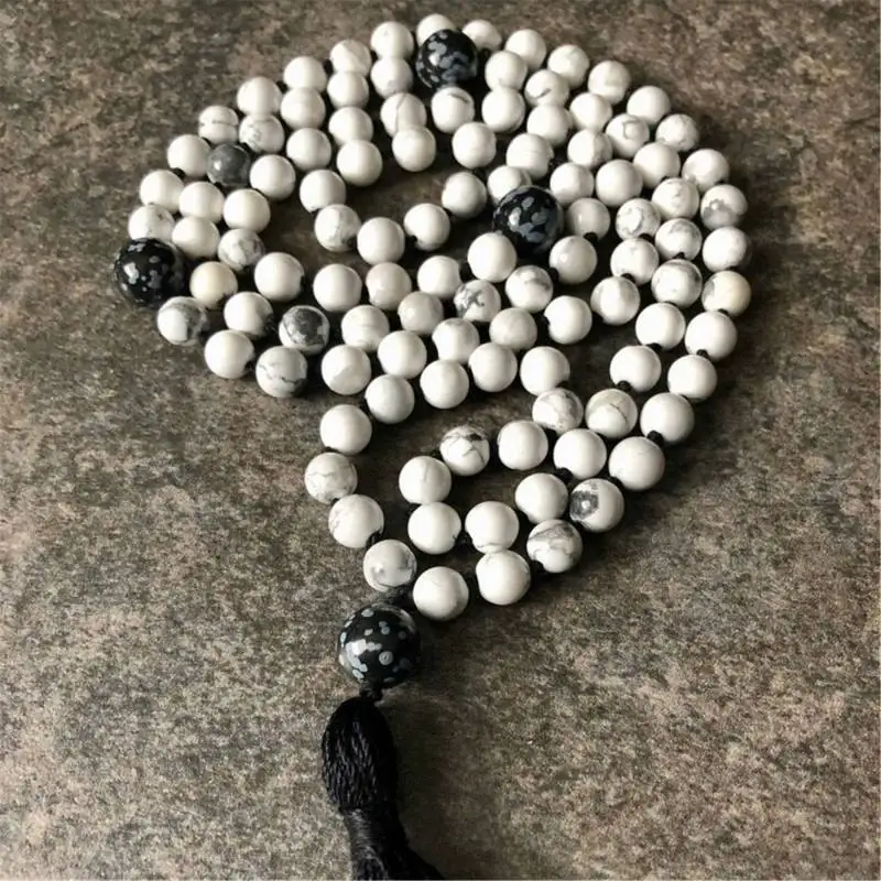 

Natural White Howlite 108 Beads Mala Necklace with Snowflake Obsidian Pendant Healing Crystal Jewelry