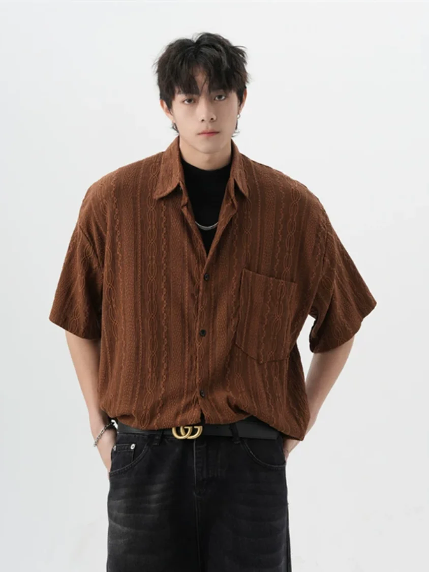 Elegant Embroidered Hollow out Short Sleeve Men's Shirt Summer Loose Stylish Thin Pure Color Half Sleeve Shirt Jacket