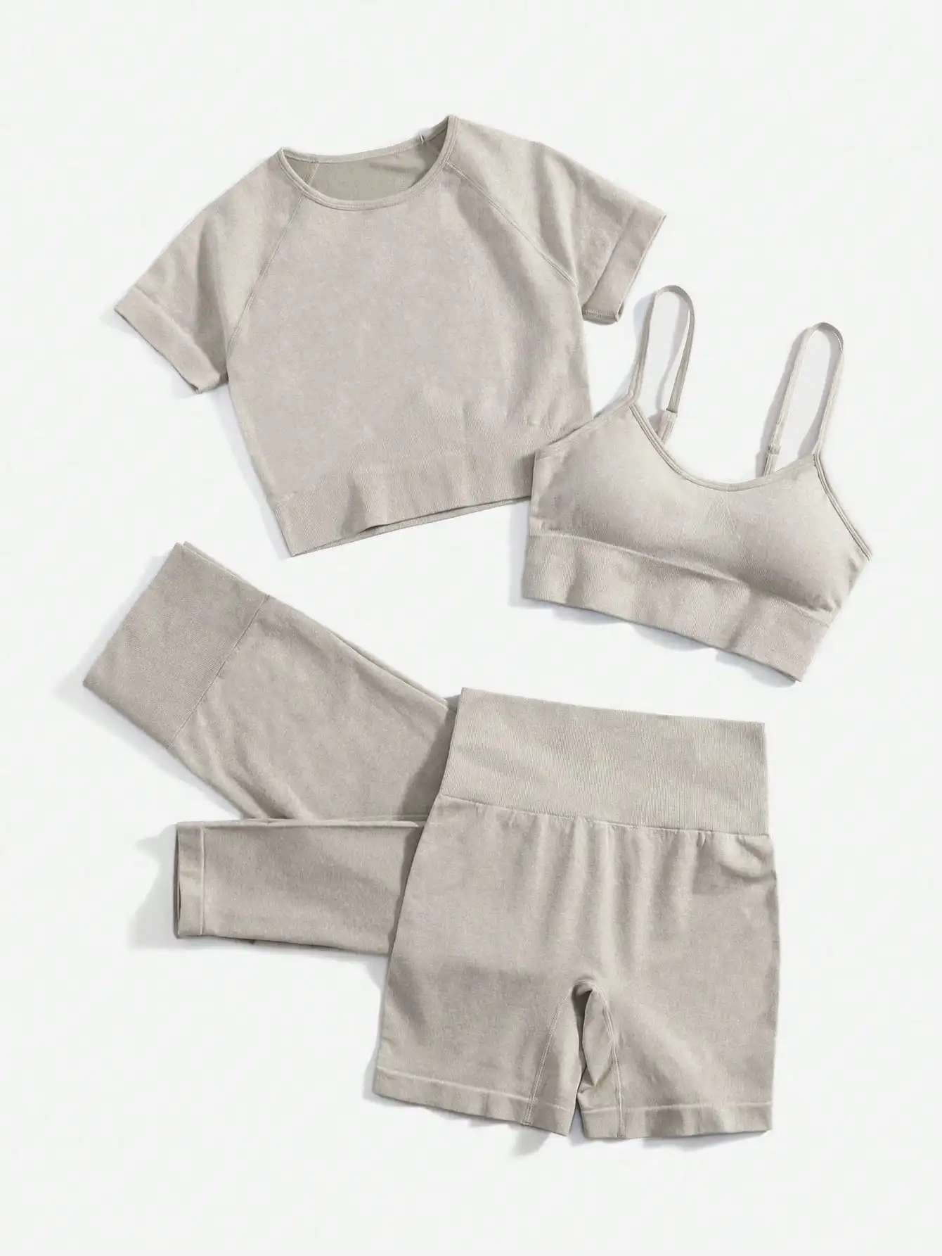 

4pcs Solid Color Elastic Comfy Sports Bra Tee Shorts Leggings Seamless Activewear Set