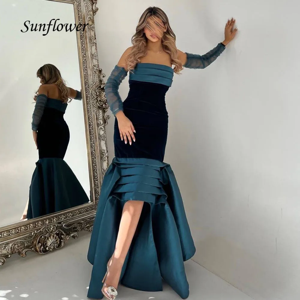 

Sunflower Strapless Satin Mermaid Evening Dresses Saudi Arabia Backless Slim Tulle Long Sleeves Floor-Length Party Gowns