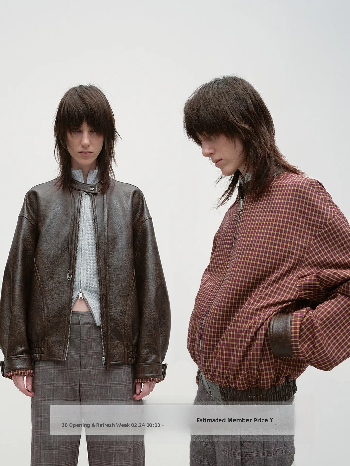 

Double-Sided Wear Plaid Silhouette Women's Vintage Waed Leather Jaet Coat Zipper Closure Loose Fit Regular Sve Long