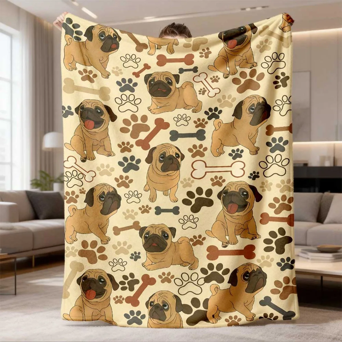 Beige Base Pug Puppy Paw Bone Repeat Throw Blanket Cute Dog Full Pattern Neutral Tone Family Sofa Bedroom Decor Cover