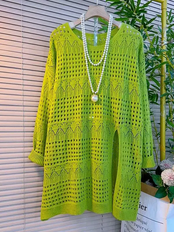 

Loose Knitted Pullover with Hollow out Design And Side Slits Pure Color Lazy Sle Long Top for Women Polyester Fiber