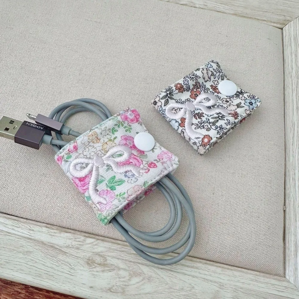 Snap Fastener Data Cable Storage Clip Cotton Embroidery Charger Cable Organizer Portable Bow Cable Organizer Set Headphone Cable
