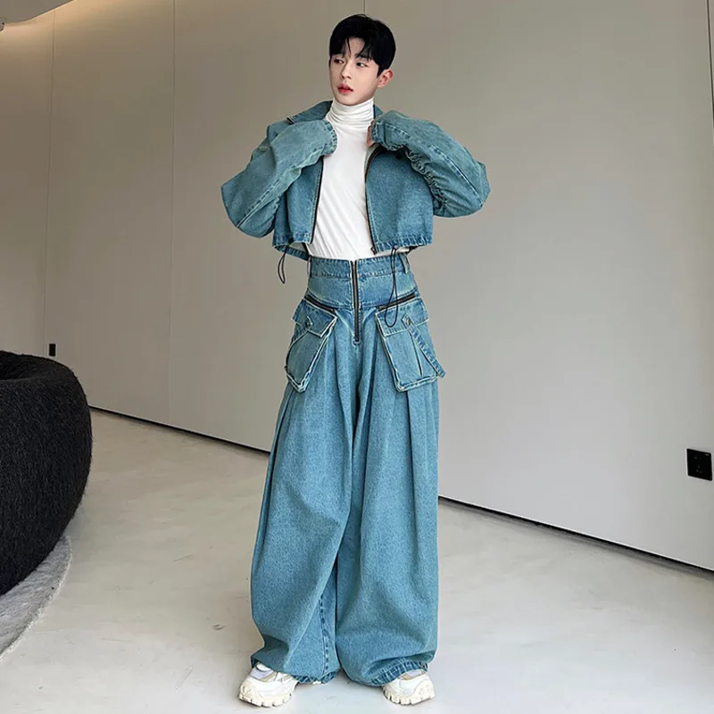 NOYMEI Washed Old Silhouette Denim Two Pieces Set Solid Color Men Short Zipper Jacket Straight Wide Leg Pants Korean Tide WA2425