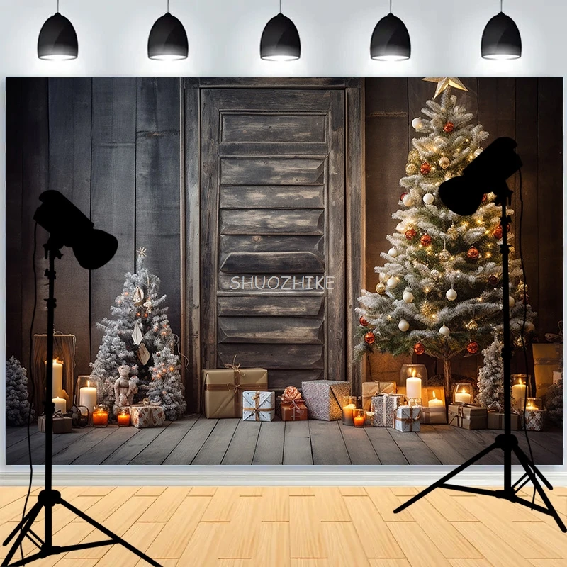 Christmas Tree With Wooden Floor Photography Backdrops Pinecones Snow Fireplace New Year Winter Holiday Party Background DT-26