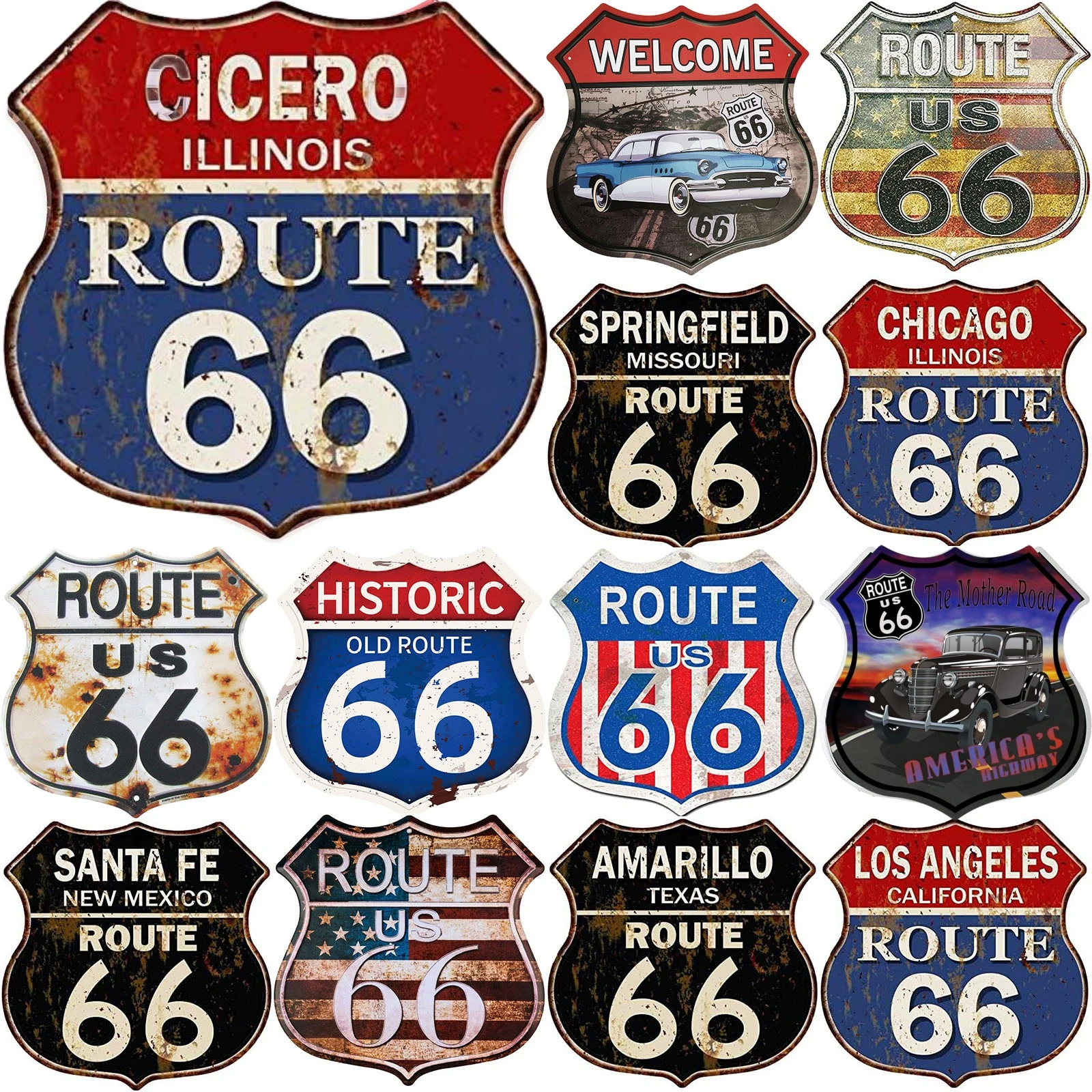 Letreros de estaño Vintage Route 66 America, placas de escudo de Metal para garaje, cueva de hombre, Bar, decoración artística de pared del hogar