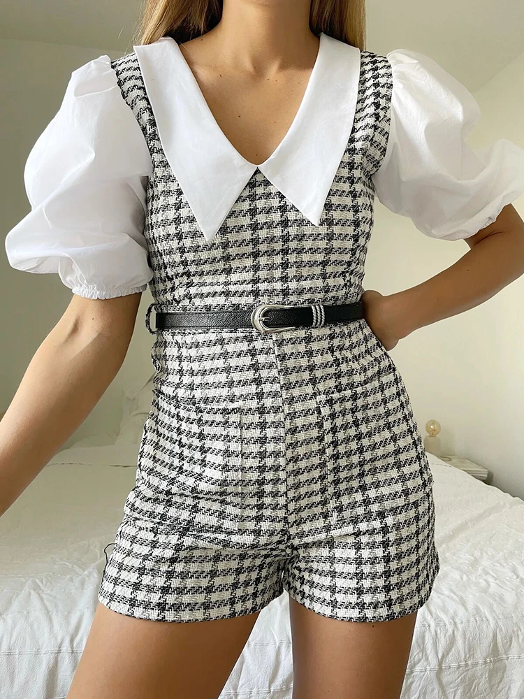 

French Fashion Small Fragrant Jumpsuit Puff Sleeve Summer Outfits 2024 Bodysuit Belt Loose Wide Leg Pants