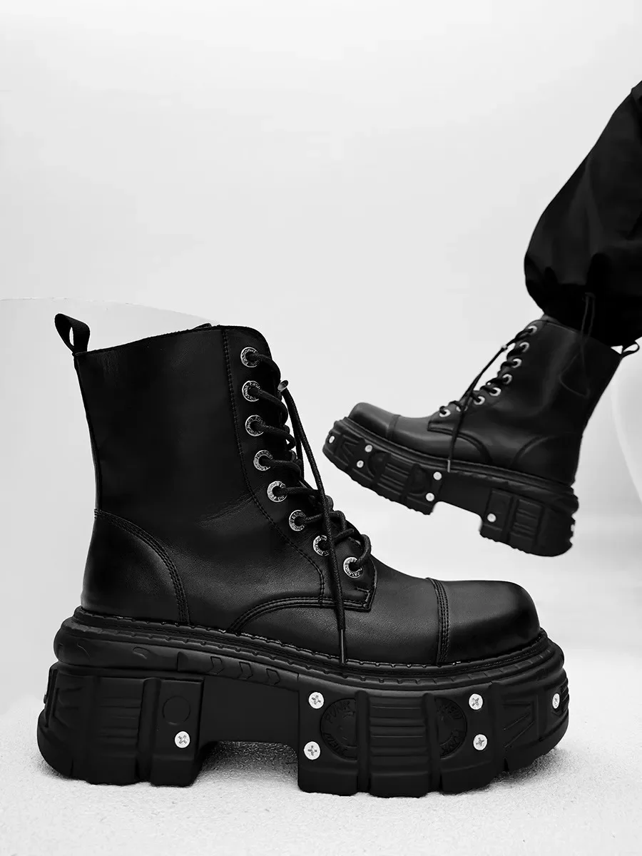 Qvah Owens Men Motorcycle Boots Platform High Top Rock Gothic Sneakers Leather Luxury Trainers Lace Up Zip Autumn Black Shoes