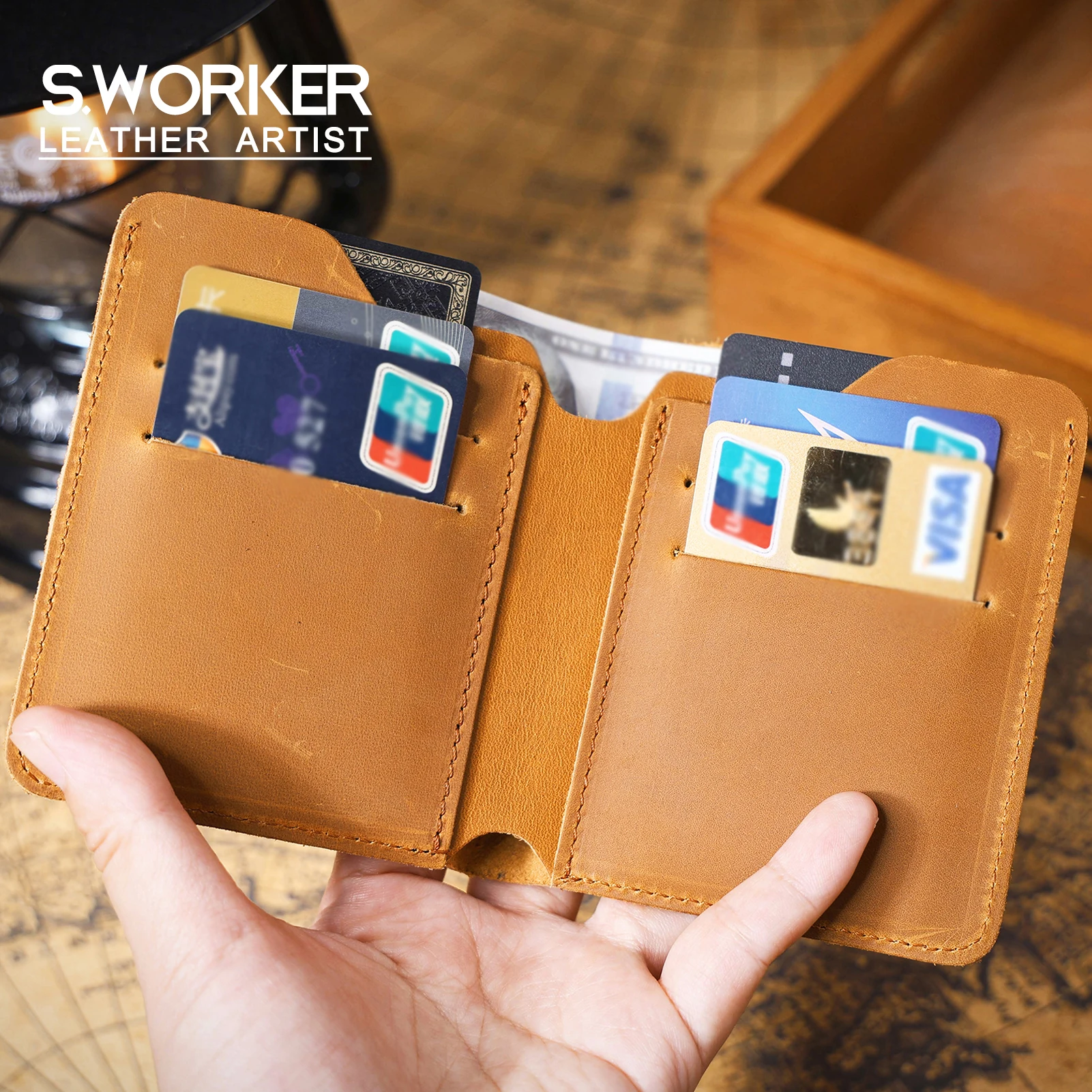 S.WORKER Vintage Kurze Geldbörse aus Vollnarbenleder für Herren, Taschenbrieftasche, Kartenhalter, Bargeldtasche – Detail 2