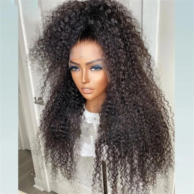 شعر مستعار ناعم 180 كثافة 26 بوصة أسود طبيعي بدون صمغ طويل غريب مجعد عميق باروكة أمامية من الدانتيل للنساء مع شعر أطفال مقطوف مسبقًا يوميًا