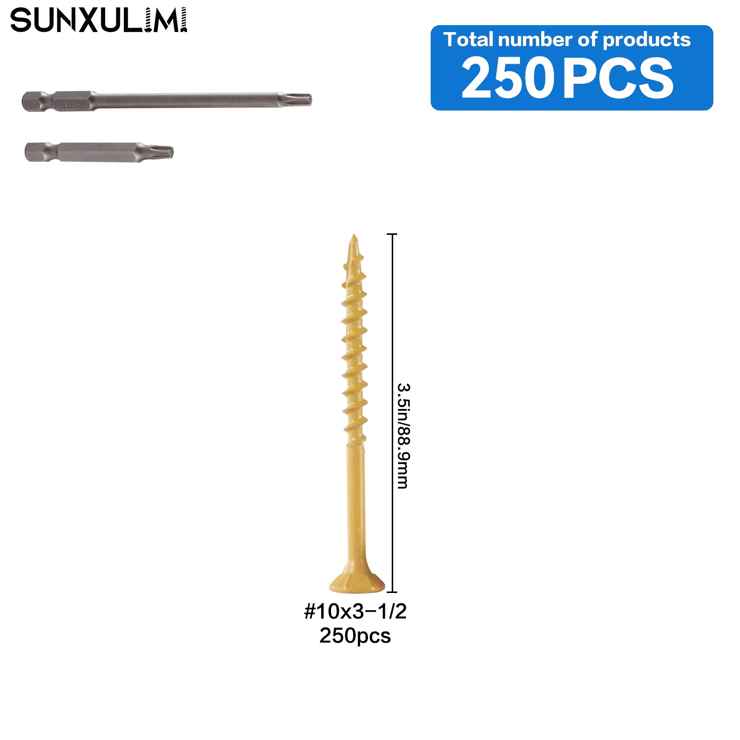250 #10 x 3-1/2 wood screws, rust-resistant structural screws, brown exterior fence screws, Torx-drive screws, and two T25 drill